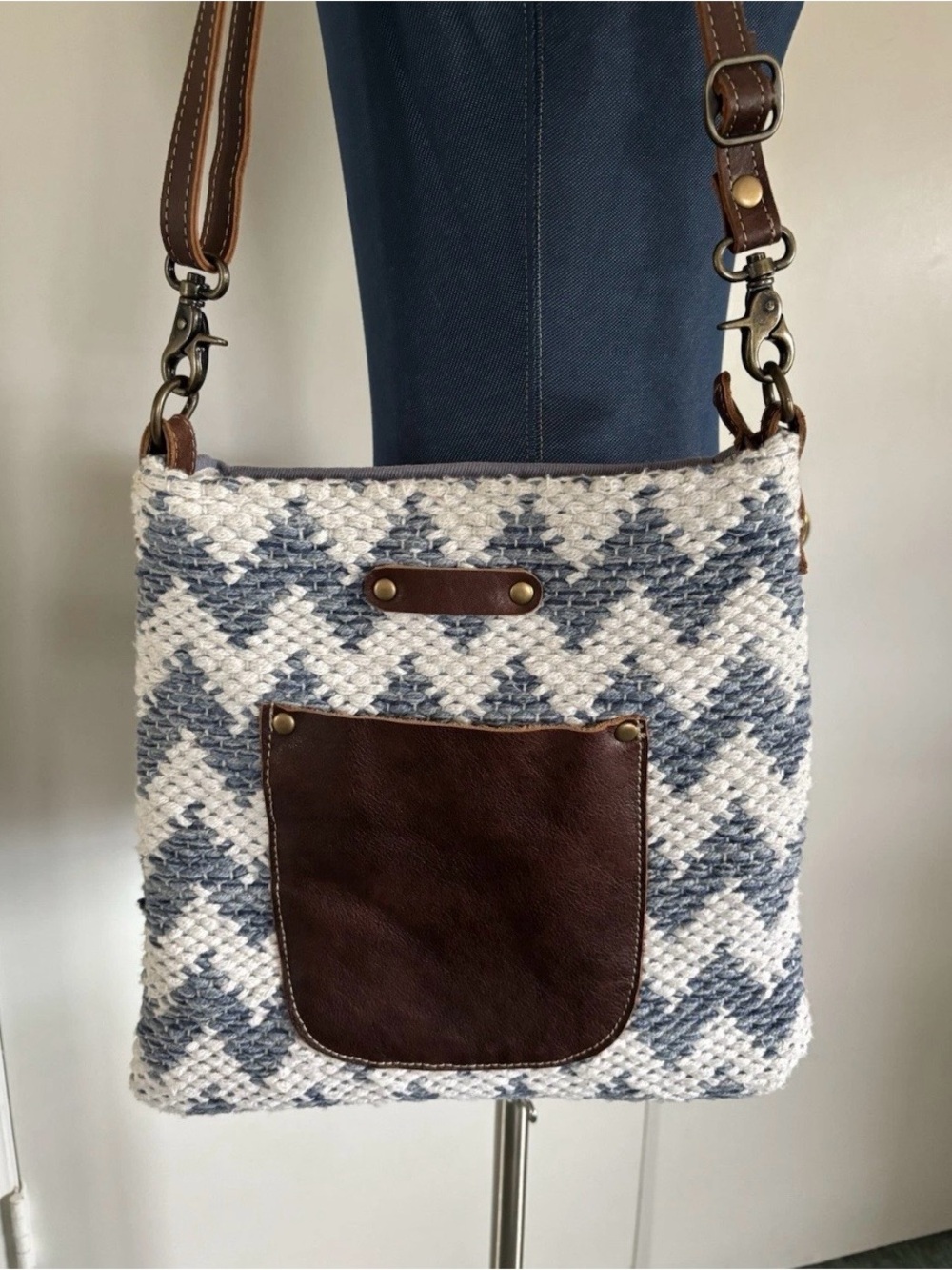 MYRA Crossbody /Shoulder Bag Blue Denim Woven Cotton & Brown
Leather Pocket